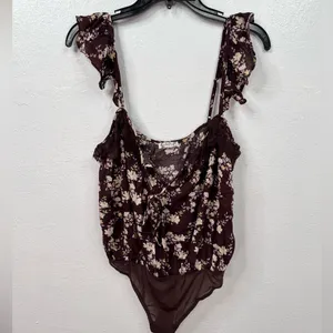 Free People Intimately Bodysuit Womens S Brown Floral Lace Ruffle Thong thumbnail 2