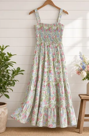 Floral Smocked Tiered Midi Dress Pink Blue Green Print Small thumbnail 1