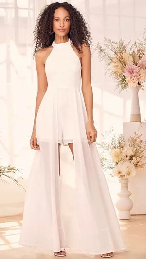 Lulus Love Speaks White Lace Halter Maxi Romper Wedding Bridal Medium NWT thumbnail 1