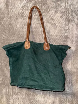 Vintage Shane Collection Green Canvas and Brown Leather Tote Travel Bag thumbnail 7