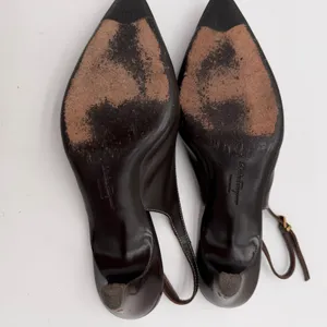 Salvatore Ferragamo Acribia Slingback Kitten Heels Chocolate Brown Gold 7.5 thumbnail 4