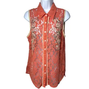 Y2K Miss Me Boho‎ Rhinestone Lace Button up Blouse Cottagecore Rodeo Country L thumbnail 2