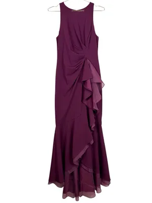 Adrianna Papell High Low Crepe Halter Gown Organza Draping In Cabernet Size‎ 4 thumbnail 5