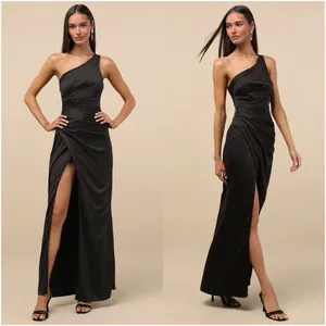 LULU’S Dreaming Of Elegance Black Satin One-Shoulder Maxi Dress thumbnail 2