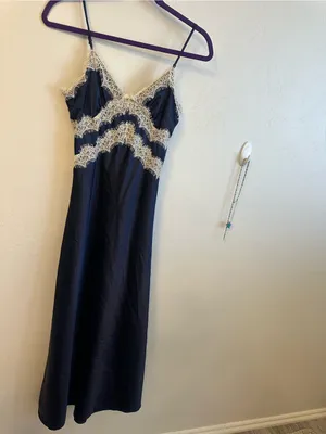 Lace-Trim Satin Slip Dress - Navy thumbnail 4
