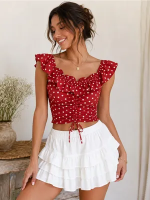 Caroline Studio Red White Polka Dot Ruched Tie Front Crop Top Flutter Sleeve Size undefined thumbnail 1