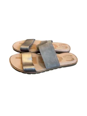 Sorel Gray Gold Two Strap Slide Sandals Suede Metallic Minimalist Size 6 Women's thumbnail 3