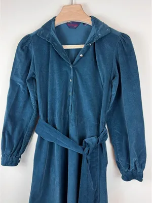 Gull Island Vintage Blue Corduroy Belted Shirt Dress Size 8 Puff Sleeve Midi thumbnail 3