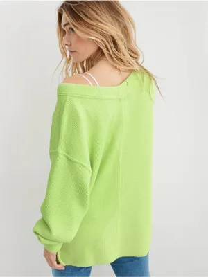 Aerie Wonder Textured V-Neck Sweatshirt Green Glow Oversized Loungewear Neon thumbnail 2