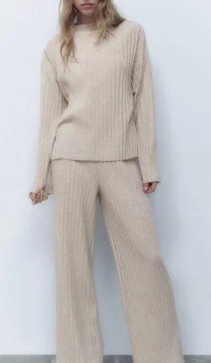 Ribbed High Waisted Drawstring Trouser Pants thumbnail 2