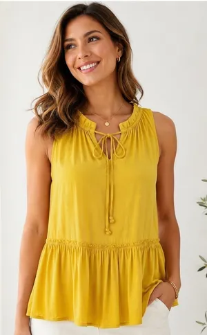 LOFT Women's Yellow Lace Up Tie Neck Sleeveless Peplum Blouse Top NWT Size Large thumbnail 1