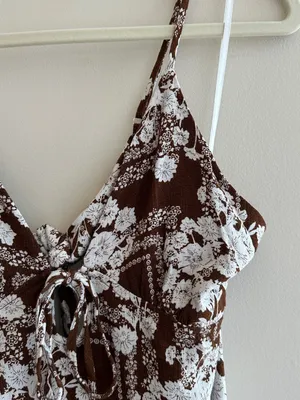 Paper Heart Anthropologie Chocolate Brown Floral Linen Maxi Dress, Size Large thumbnail 10