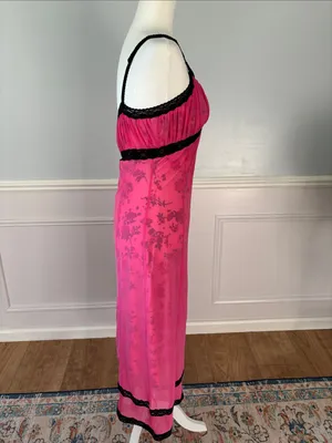 Urban Outfitters Hot Pink Slip Dress with Black Lace Trim Sz Large 90s Y2K Mesh thumbnail 7