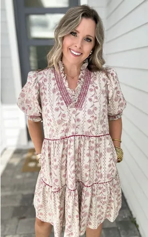 NWT Entro Womens L Polly Printed Mini Dress Floral Puff Sleeve Tiered Pockets thumbnail 1