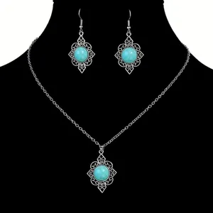 BJ Glamorous Vintage Style Floral Turquoise Gems Retro Necklace/Earring Set thumbnail 1