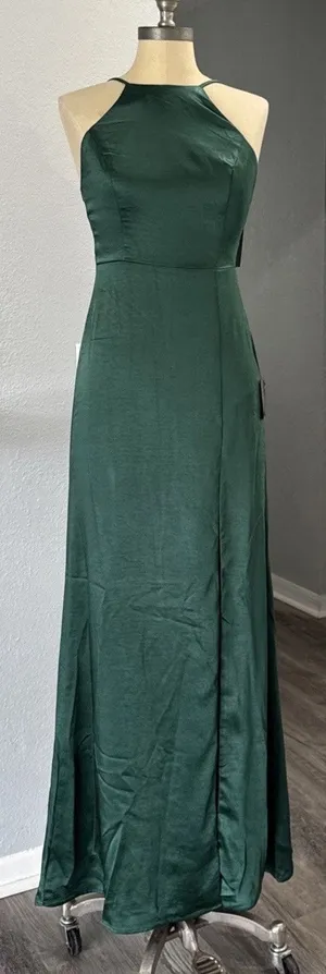 Lulus Emerald Green Satin Maxi Formal Dress Sleeveless Halter S Bridesmaid *FLAW thumbnail 1