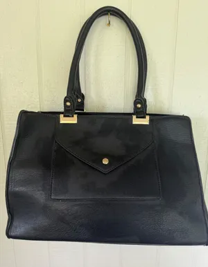Black Faux Leather Satchel Handbag Gold Hardware Chevron Lining Front Pocket thumbnail 1