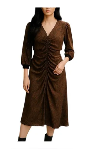 Nu Denmark Rin Sustainable Dress Size Small Ruched Toffee European Brown Black thumbnail 1