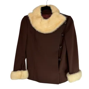 Vintage ILGWU Brown Knit Jacket Faux Fur‎ Collar Cuffs Side Button Union Made 8 thumbnail 1