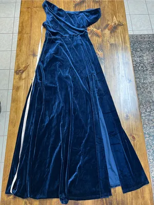 Lulus Coveted Confidence Navy Blue Velvet Asymmetrical Maxi Dress Size Large NWT thumbnail 5