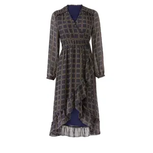 Anthropologie‎ dRA Cicero Wrap Asymmetric Dress Ruffle Plaid Boho Blue - Large thumbnail 3