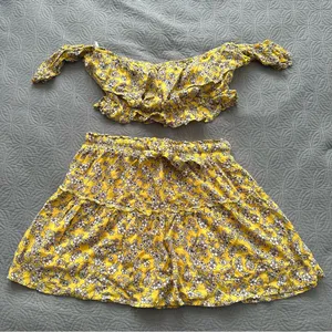 Two Piece Yellow Floral FavLux Crop Top and Skirt Set thumbnail 1