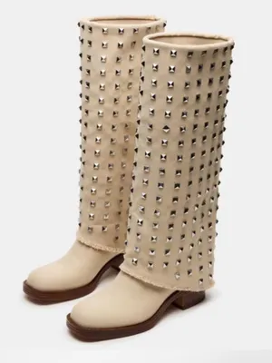 Steve Madden Studded Knee-High Beige Women's Boots thumbnail 1