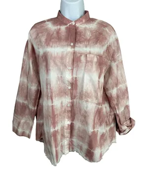 Zara Oversized XS Top Pink‎ White Tie Dye Button Down Long Sleeve Frayed Hem thumbnail 1