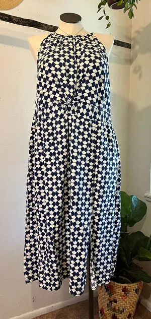 Ava & Viv Blue Linen Blend Mod Retro Print High Neck A Line Dress Size 2X thumbnail 1