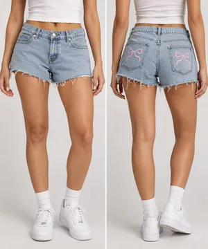 Edikted Size L Light Wash Denim Shorts Pink Bow Y2K Coquette Cutoff thumbnail 2