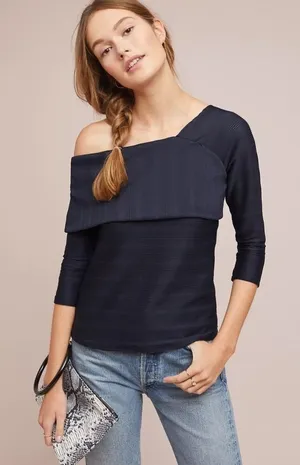 NWT Anthropologie X Blue Tassel Navy Shuler Off Shoulder Top Textured Size Small thumbnail 1