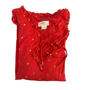 Maeve Anthropologie Red Geometric Print Ruffle Tie Neck Balloon‎ Sleeve Blouse L thumbnail 4