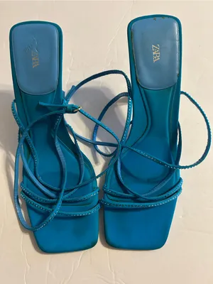 Zara Turquoise Strappy Square-Toe Heeled Sandals thumbnail 1