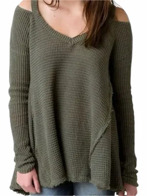Free People Distressed Waffle Knit‎ Cold Shoulder Sweater Small Olive Green thumbnail 1