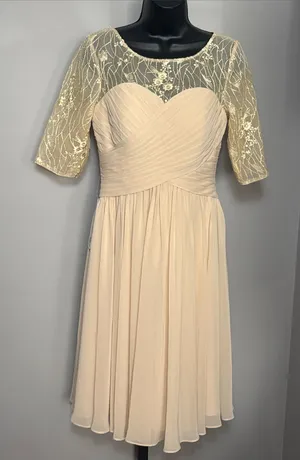 NEW Azazie Size 6 Hattie Champagne Elegant Cream Lace Chiffon Midi Dress thumbnail 1