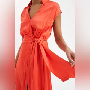 Anthropologie Maeve Open-Back Satin Wrap Midi Dress Orange Small Resort Wear thumbnail 8