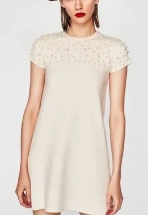 Zara Cream Sweater Dress with Pearl Details thumbnail 1