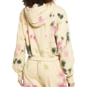 NEW AFRM Cropped Hoodie Sweatshirt SMALL Beige Tan Pink Tie Dye Drawstring NWT thumbnail 4