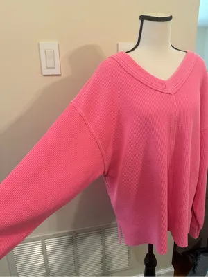 aerie Relaxed V-Neck Waffle Knit Sweater - Coral Pink thumbnail 4