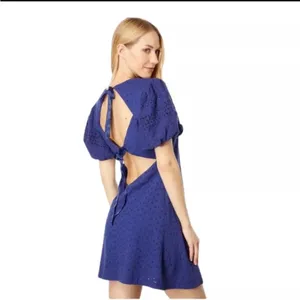 Free People Apricot‎ Rose Puff Sleeve Eyelet Dress Living Indigo Size large NWT thumbnail 2