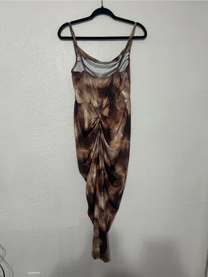 SheIn Brown Tie-Dye Cowl Neck Ruched Maxi Dress thumbnail 3