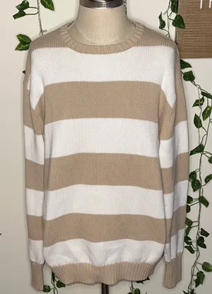 Brandy Melville Brianna Thick Oversized Cotton Tan & White Striped Sweater thumbnail 1