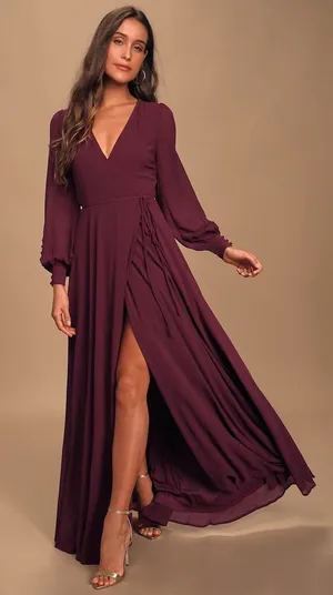 NWT Lulus My Whole Heart Plum Long Sleeve Wrap Dress Bridesmaid Gala Banquet XS thumbnail 1