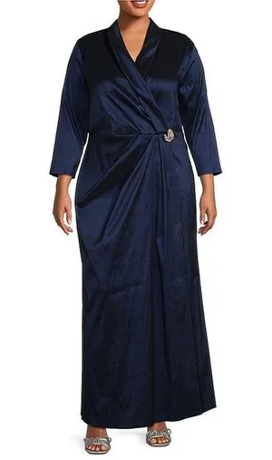 Marina Plus Size Navy Taffeta Surplice V-Neck 3/4 Sleeve Faux Wrap Dress 2X thumbnail 1