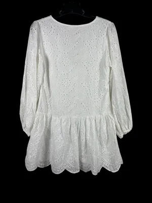 CIEN White Eyelet Button Babydoll Mini Dress M V-Neck Long Sleeve Cottagecore thumbnail 2