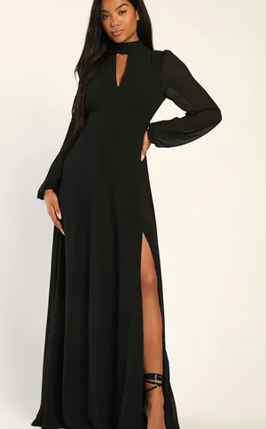 NWOT Lulus Bask in Love Black Long Sleeve Mock Neck Maxi Dress Small thumbnail 1