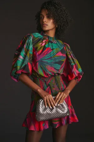 Farm Rio Tropical Palm‎ Leaf Smocked Puff Sleeve Mini Dress XL Vacation Resort thumbnail 1