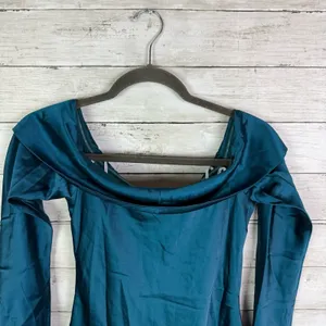 Lulus Luxurious Vision Teal Satin Off-the-Shoulder Mini Dress Size Small thumbnail 5