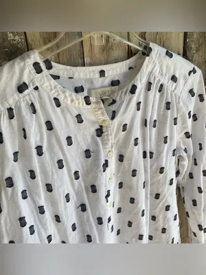 Loft white cotton lightweight mandarin collar tunic blouse black polka dot L thumbnail 2
