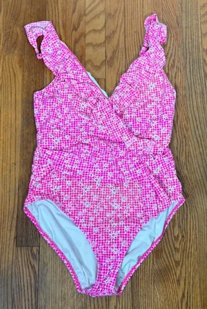Lilly Pulitzer‎ Pink Gingham Floral Ruffle Wrap One Piece Swimsuit size 14 thumbnail 1